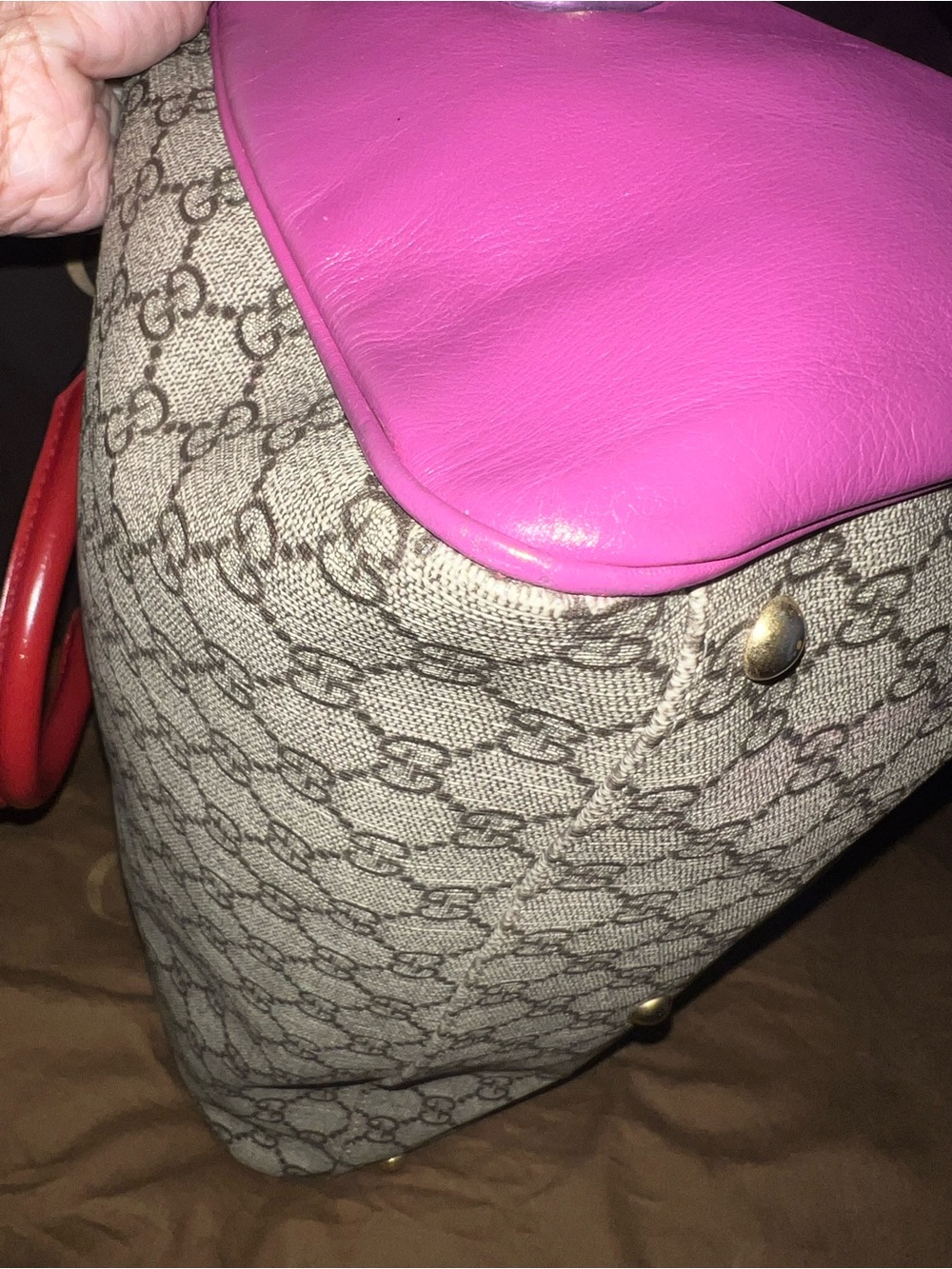 Gucci Beige GG Canvas Satchel with Pink Trim and Red 35 with strap - Picture 10 of 15